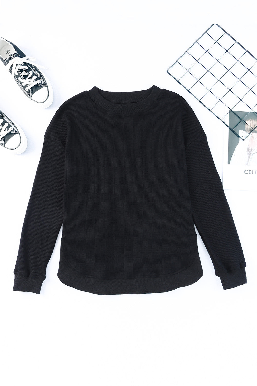 Apricot Crew Neck Ribbed Trim Waffle Knit Top