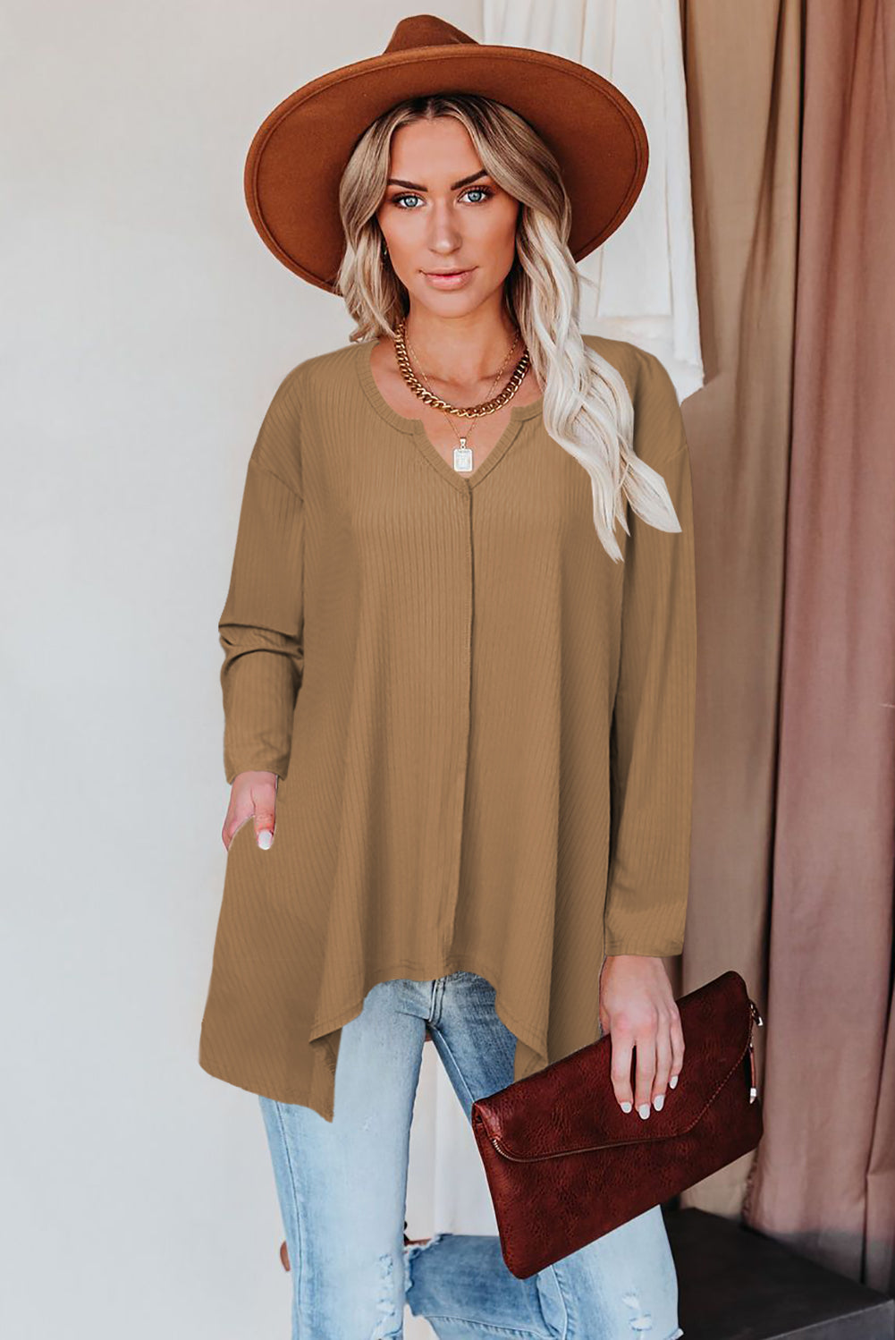 Brown Asymmetric Hemline Long Sleeve Top