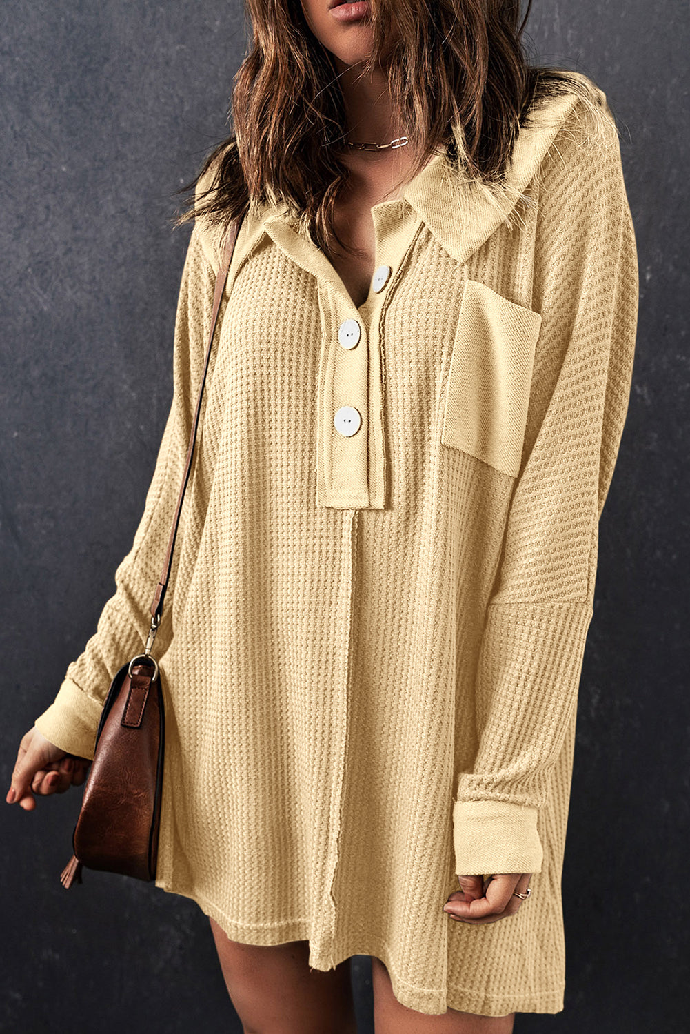Black Waffle Knit Buttoned Long Sleeve Top