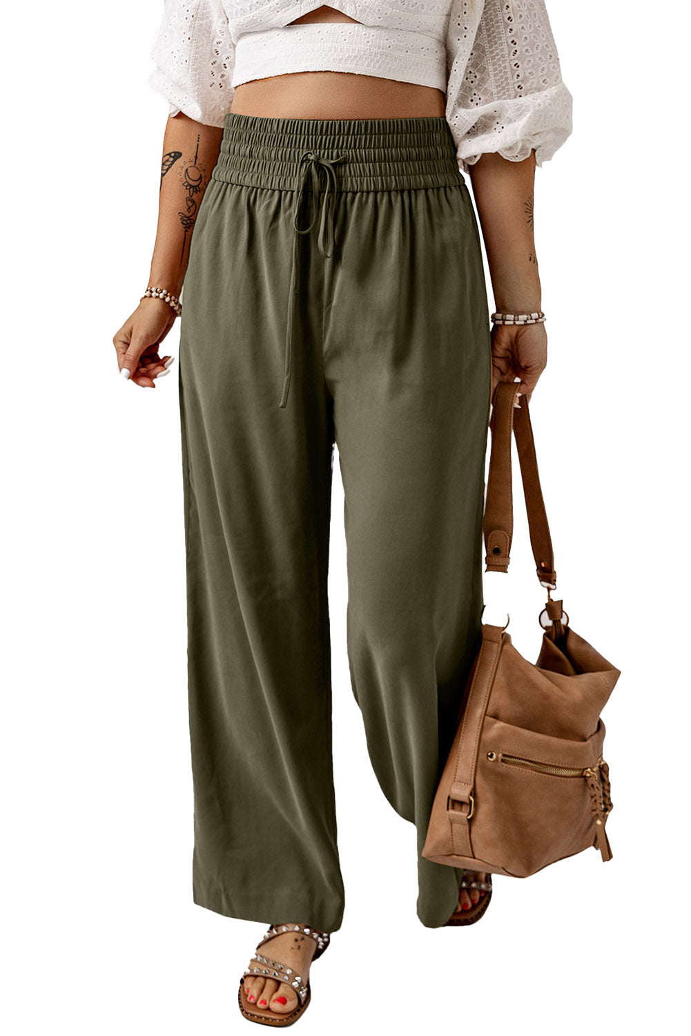 Blue Drawstring Elastic Waist Casual Wide Leg Pants