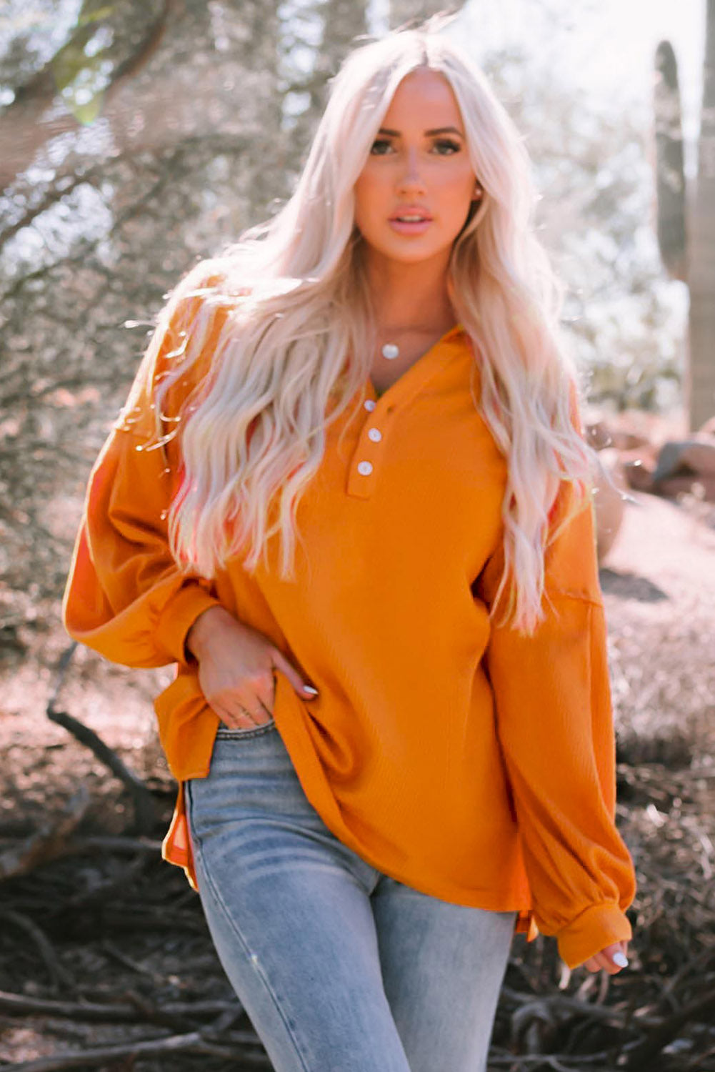 Gray Buttoned V Neck Drop Shoulder Waffle Knit Top