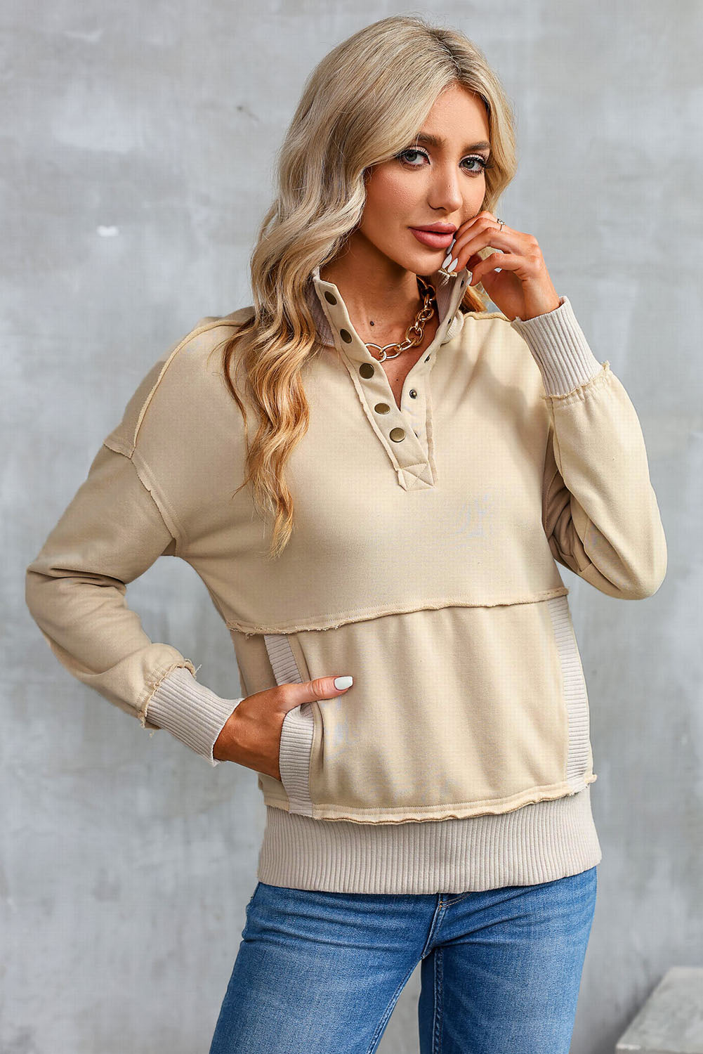 Gray Ribbed Hem Snap Button Neckline Sweatshirt with Pocket