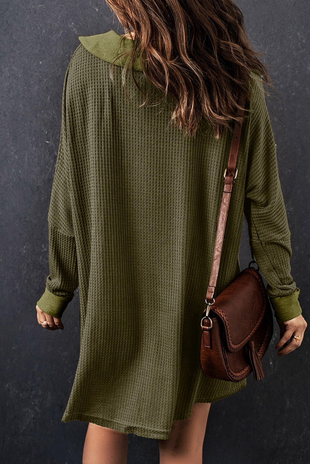 Black Waffle Knit Buttoned Long Sleeve Top