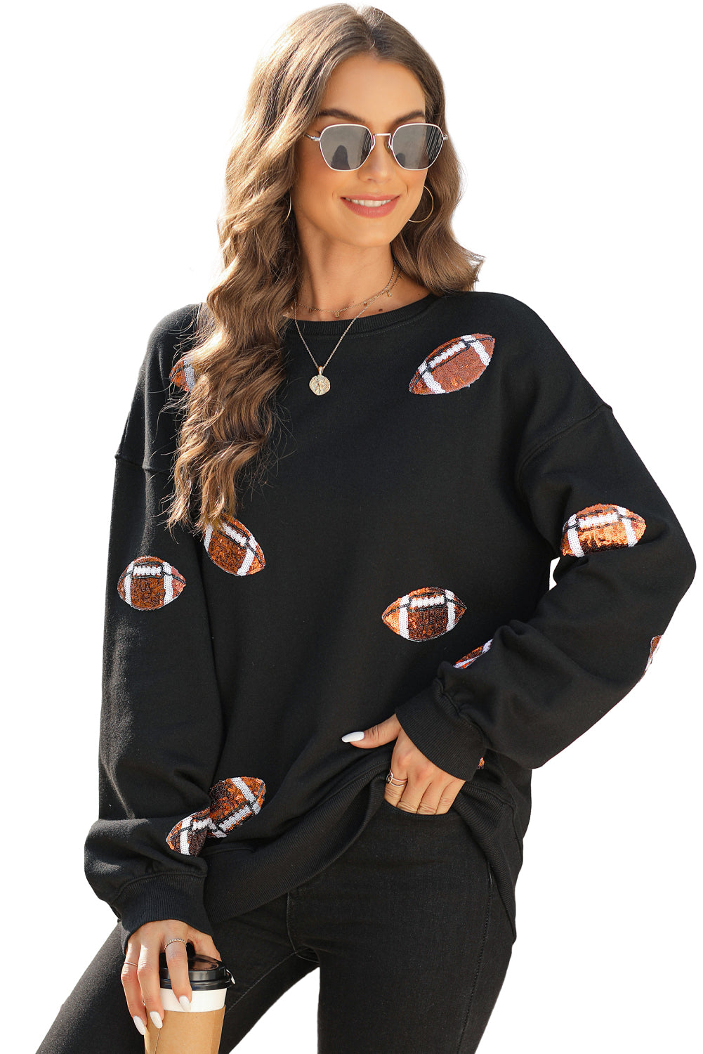Black Sequin Rugby Graphic Pullover Sweatshirt
