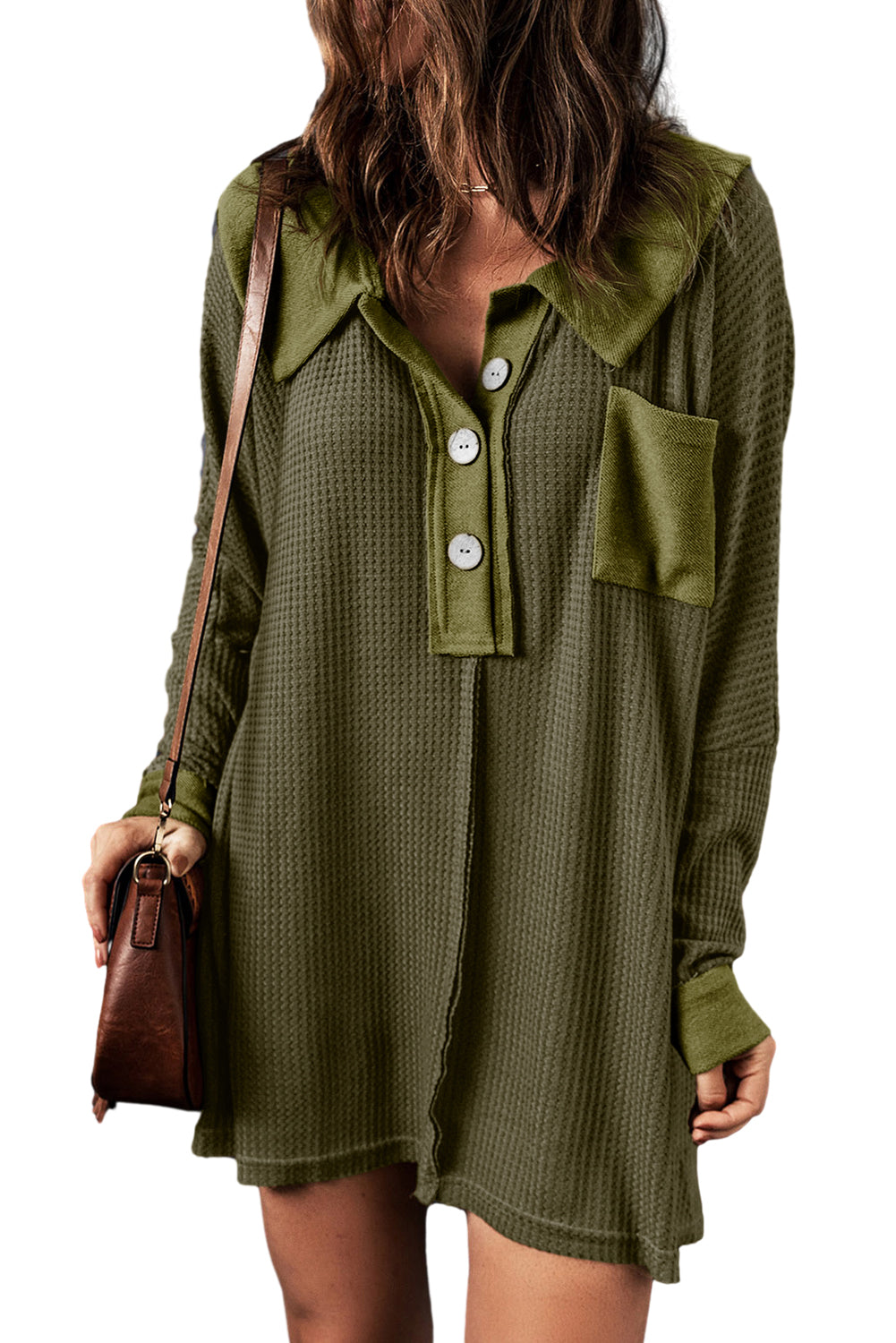 Black Waffle Knit Buttoned Long Sleeve Top