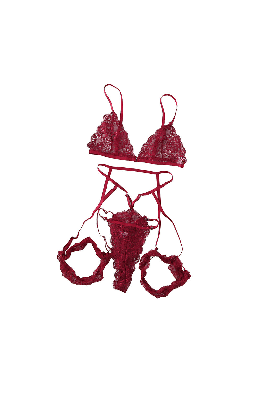 Red Hollow-out Lace Bralette Set with Garter Belt