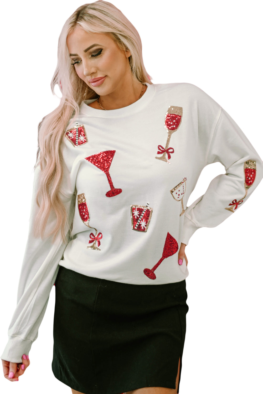 Beige Sequin Cheers Wineglasses Christmas Sweatshirt