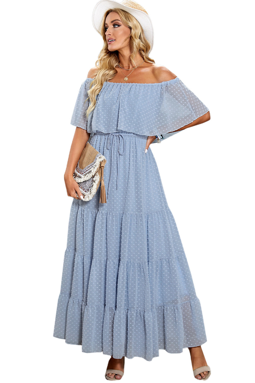 Sky Blue Yellow Yellow Off Shoulder Ruffle Swiss Dot Maxi Dress