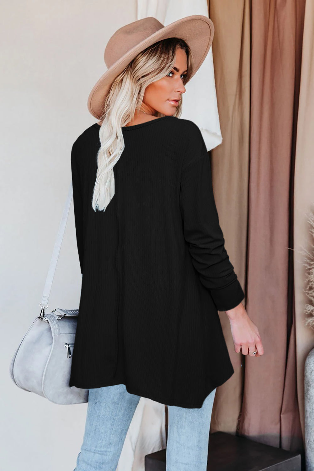 Brown Asymmetric Hemline Long Sleeve Top