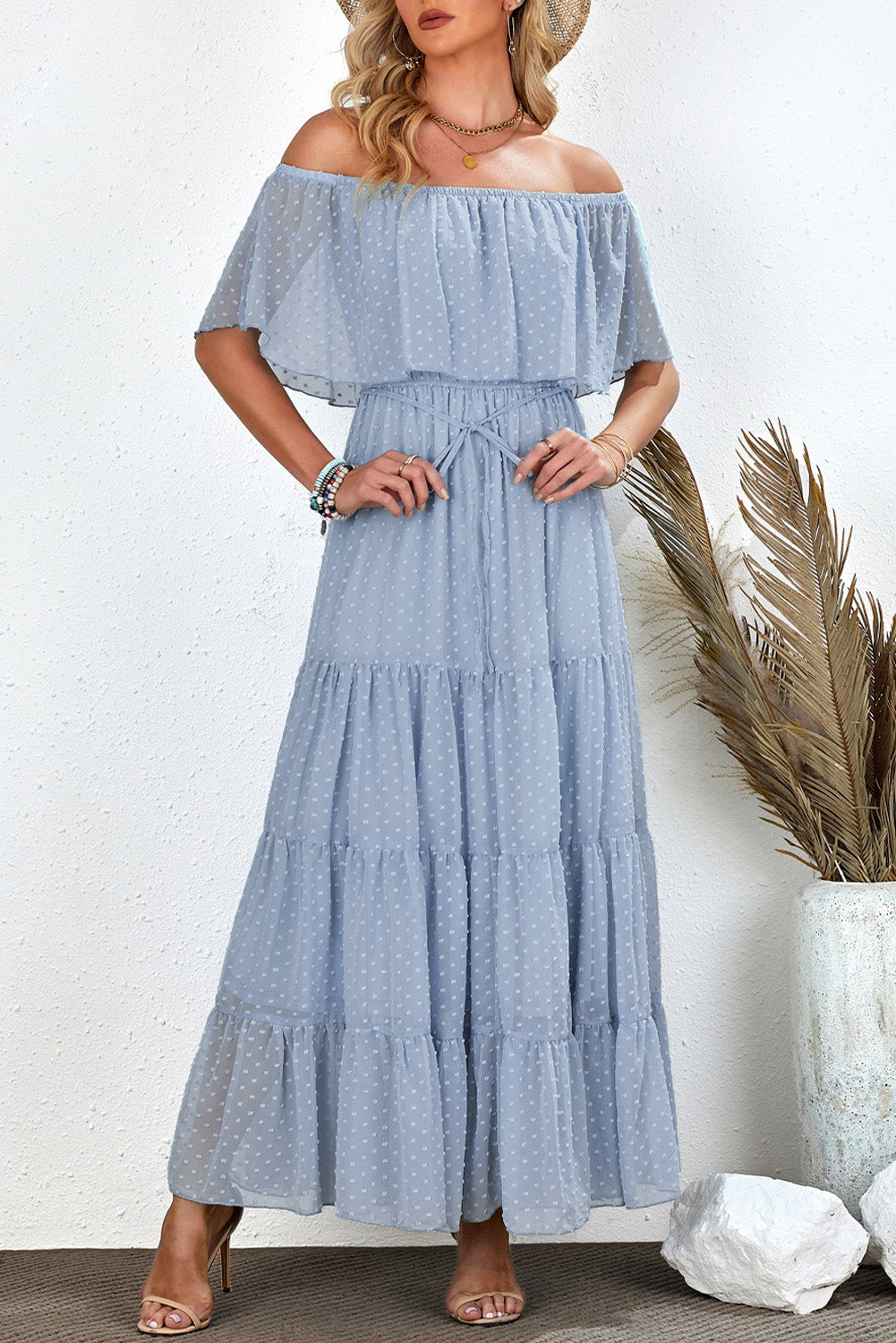 Sky Blue Yellow Yellow Off Shoulder Ruffle Swiss Dot Maxi Dress