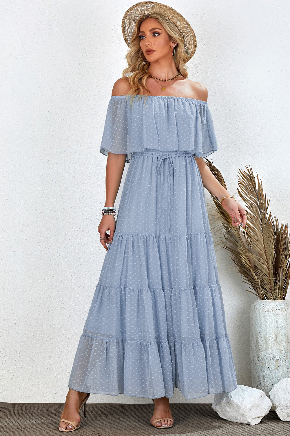 Sky Blue Yellow Yellow Off Shoulder Ruffle Swiss Dot Maxi Dress