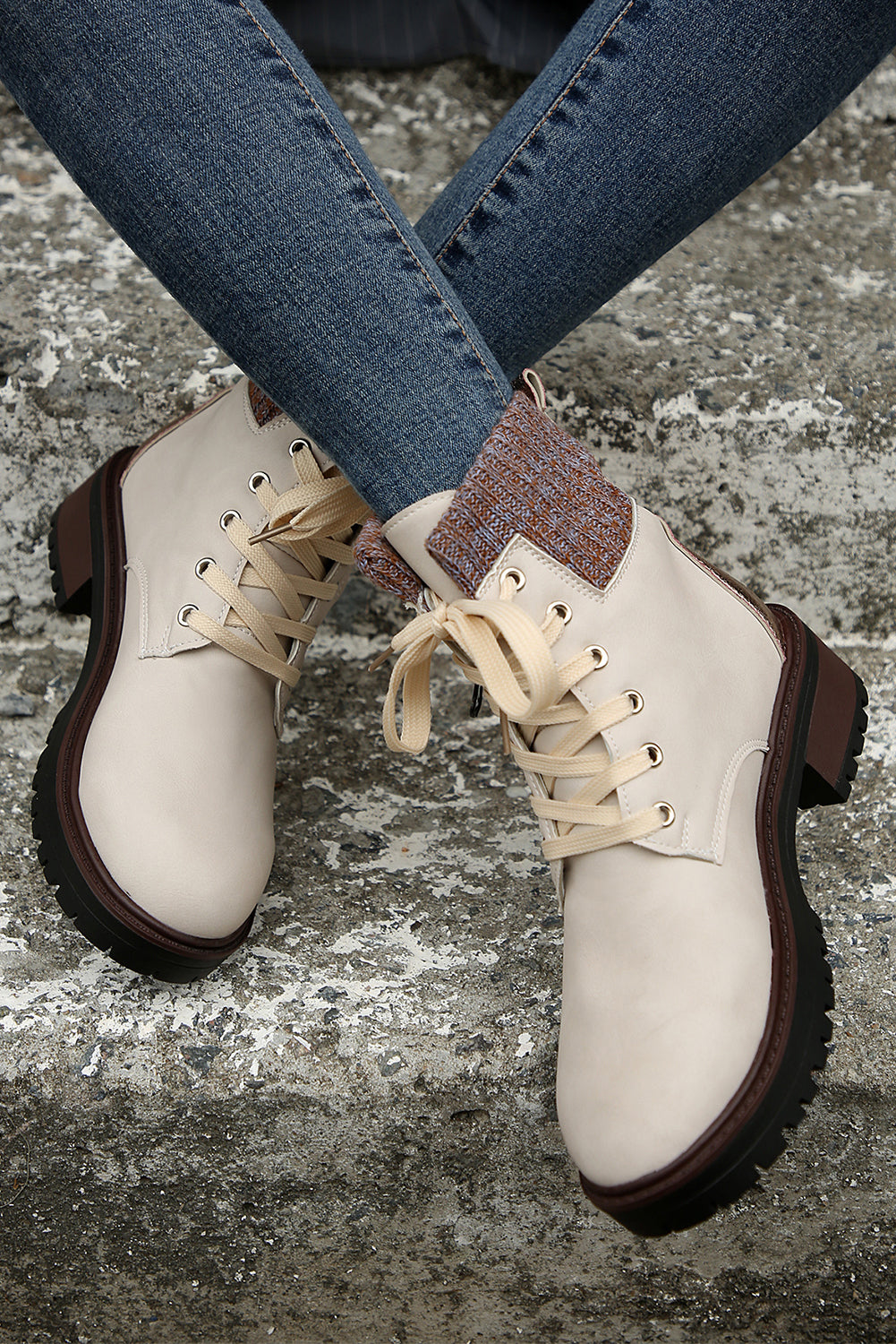 Black Knitted Patched Lace-up Heeled Ankle Boots