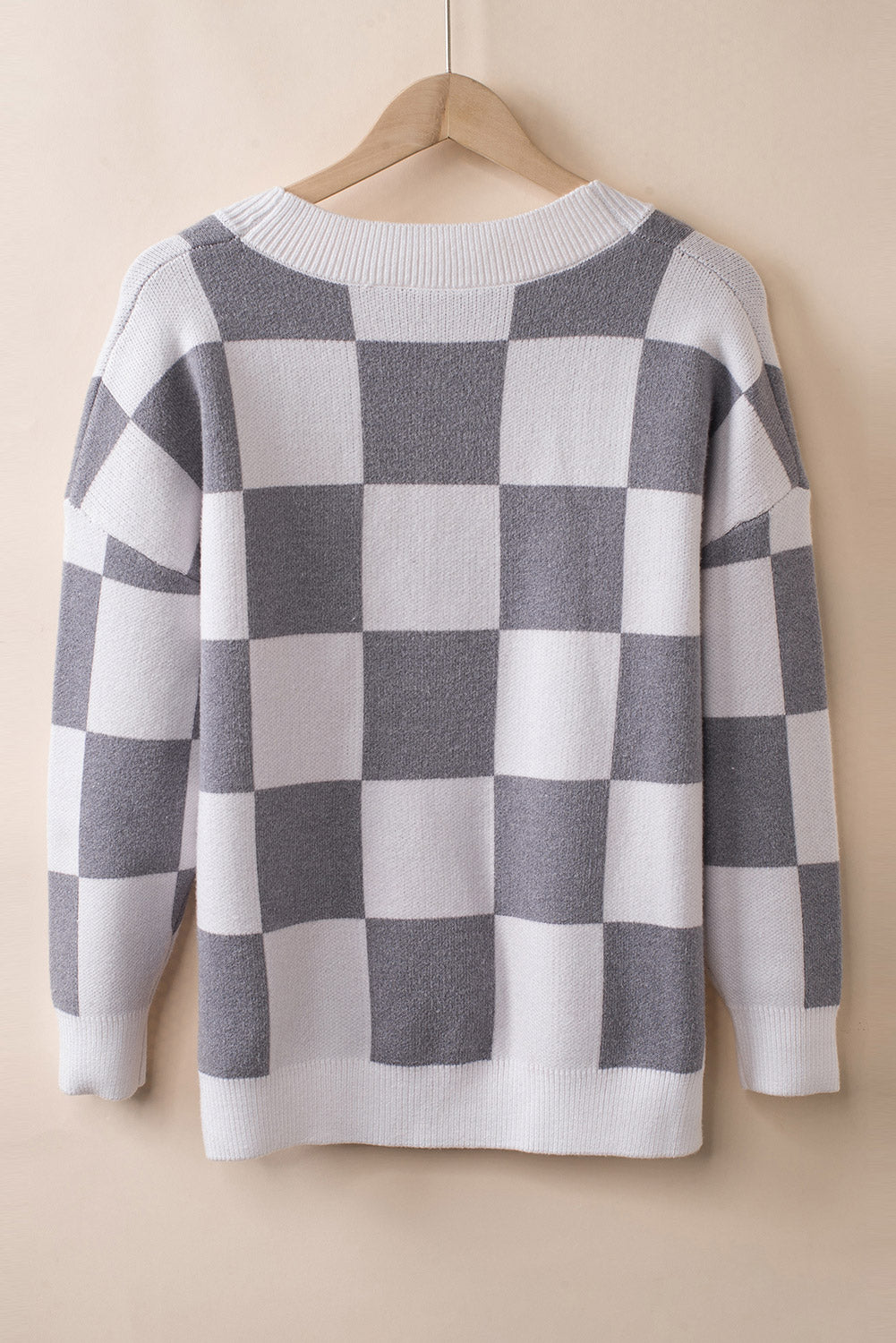 Brown Contrast Checkered Print Button Up Sweater Cardigan