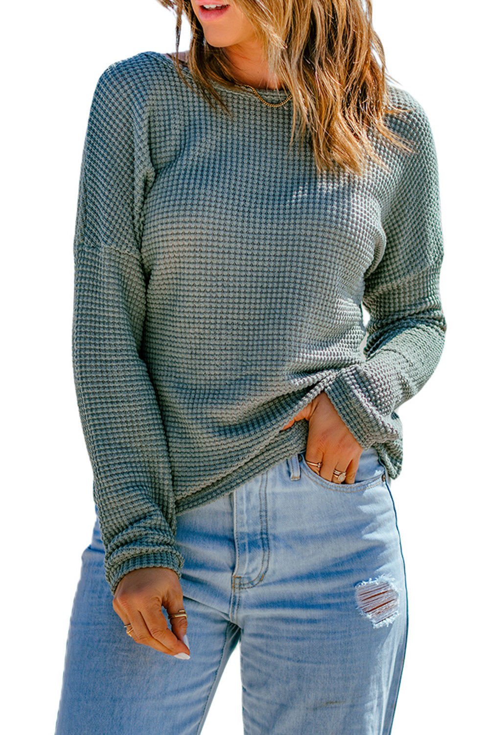 Khaki Waffle Knit Drop Shoulder Long Sleeve Top