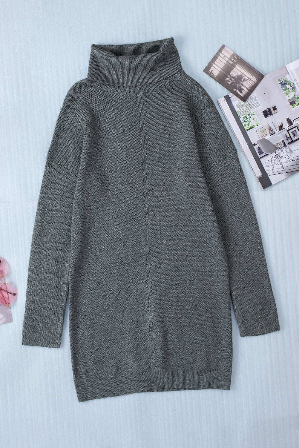 Brown Turtleneck Long Sleeve Knitted Sweater Dress