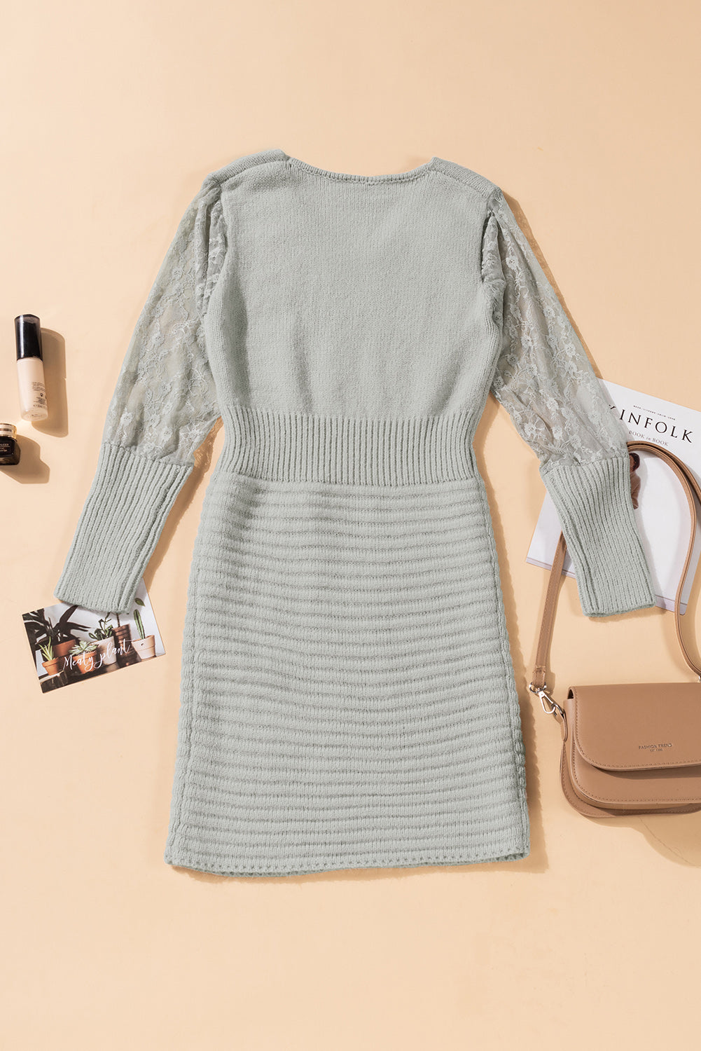 Black Lace Sleeve Patchwork Sweater Dress