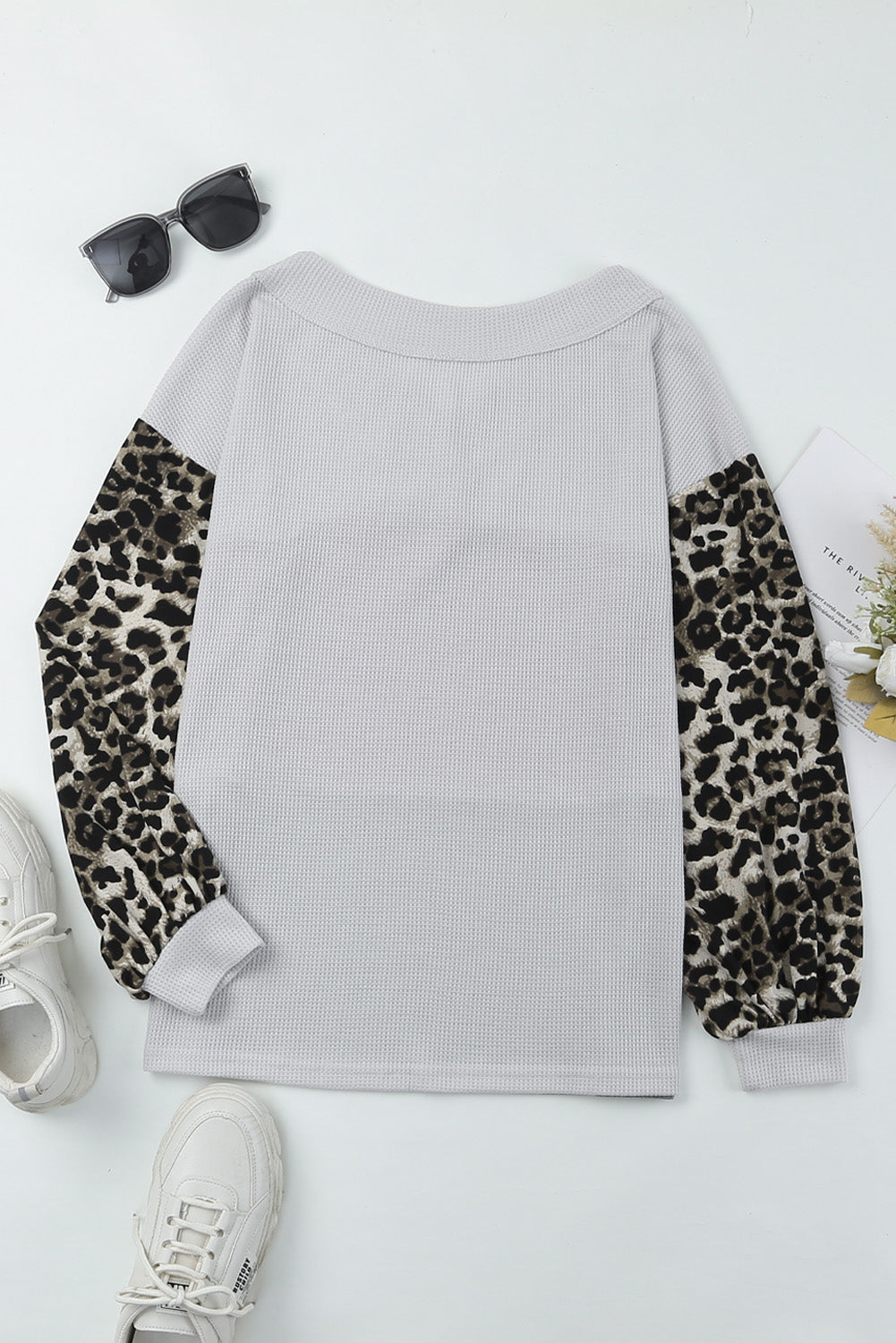 Apricot Wild Leopard Contrast Sleeve Colorblock Waffle Knit Top