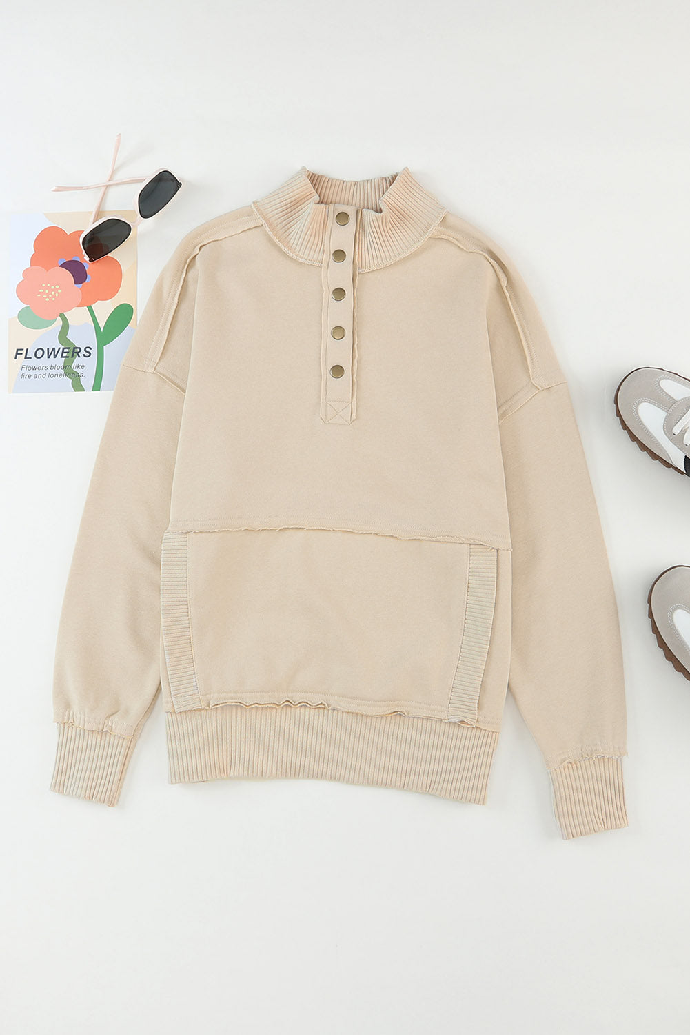 Gray Ribbed Hem Snap Button Neckline Sweatshirt with Pocket