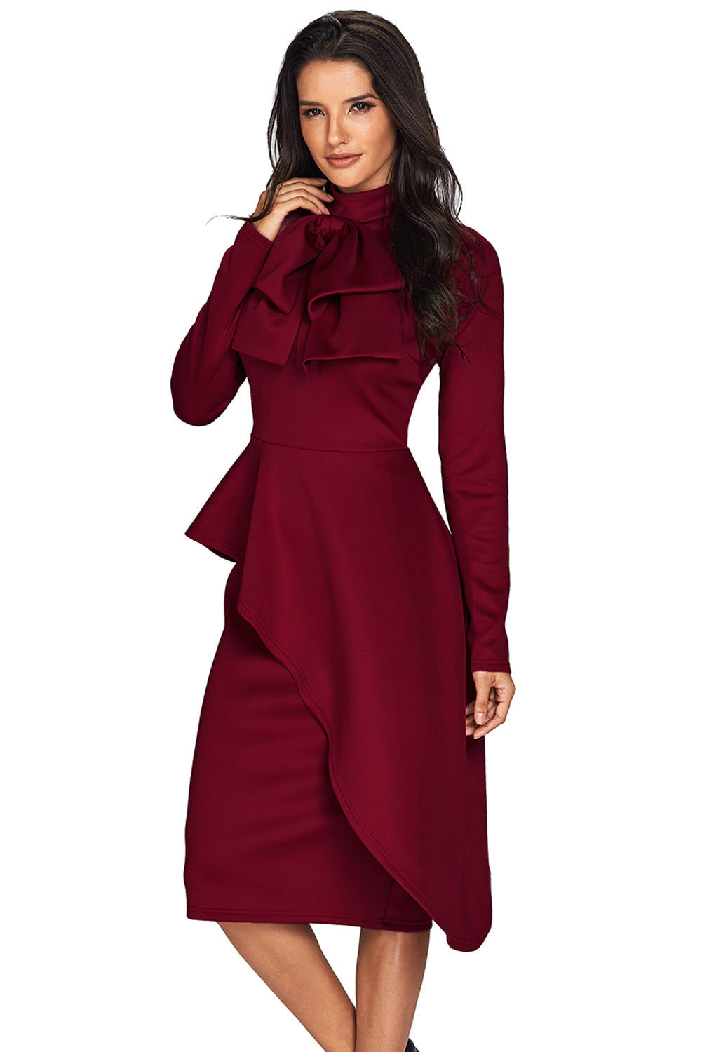 Black Asymmetric Peplum Style Pussy Bow Dress