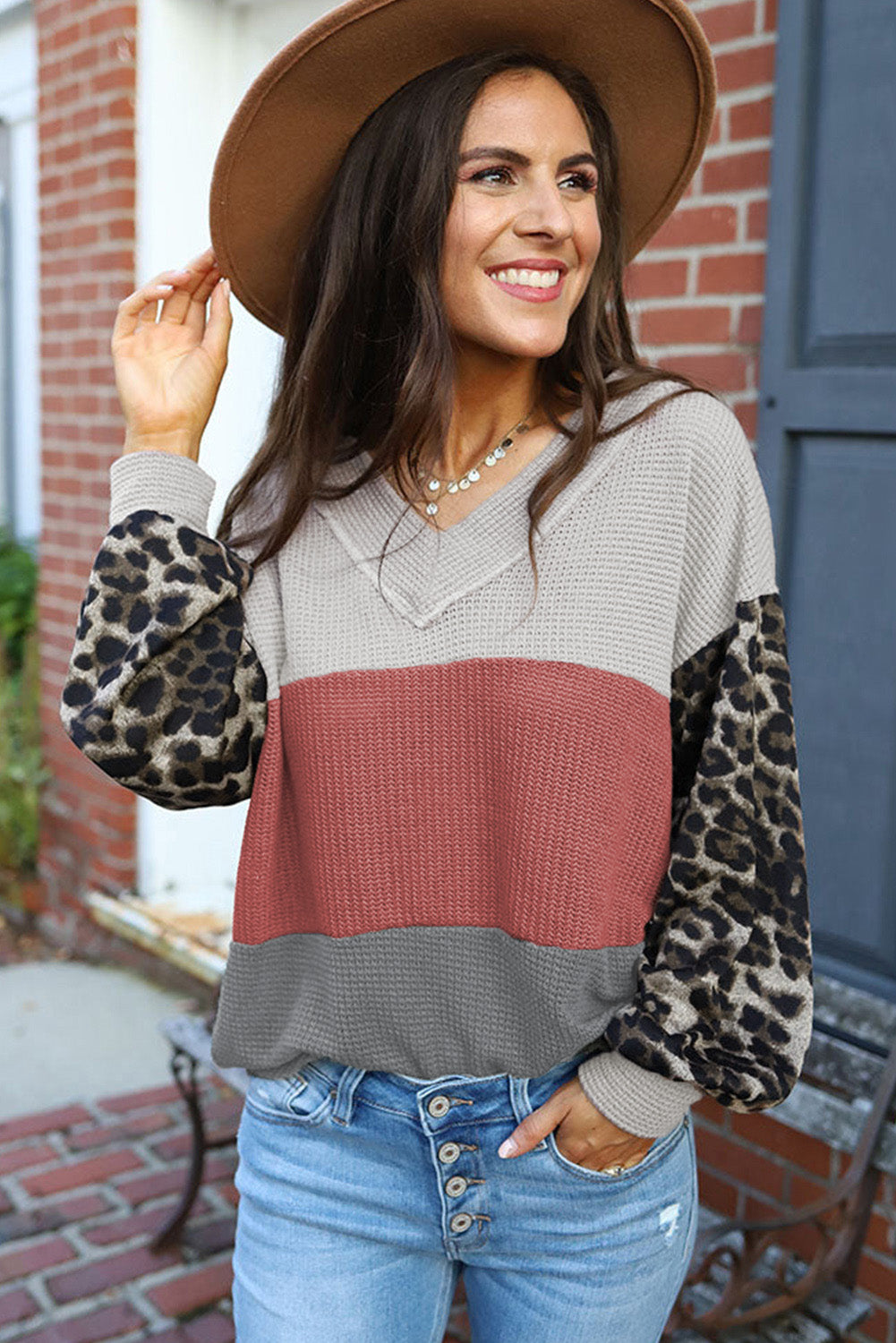 Apricot Wild Leopard Contrast Sleeve Colorblock Waffle Knit Top
