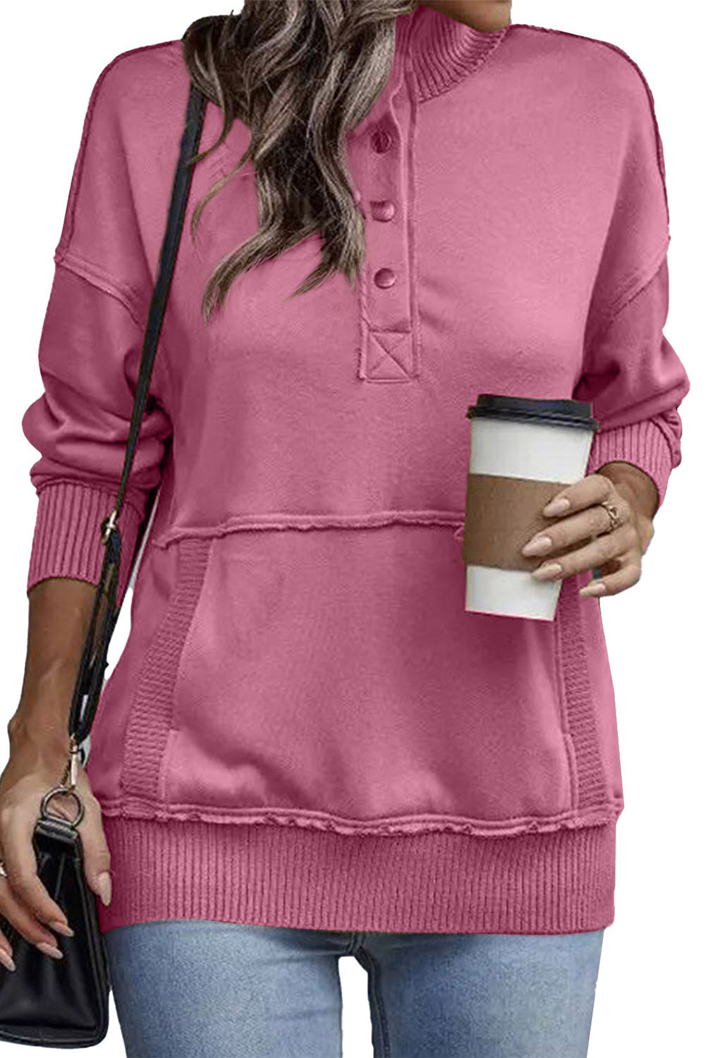 Gray Ribbed Hem Snap Button Neckline Sweatshirt with Pocket