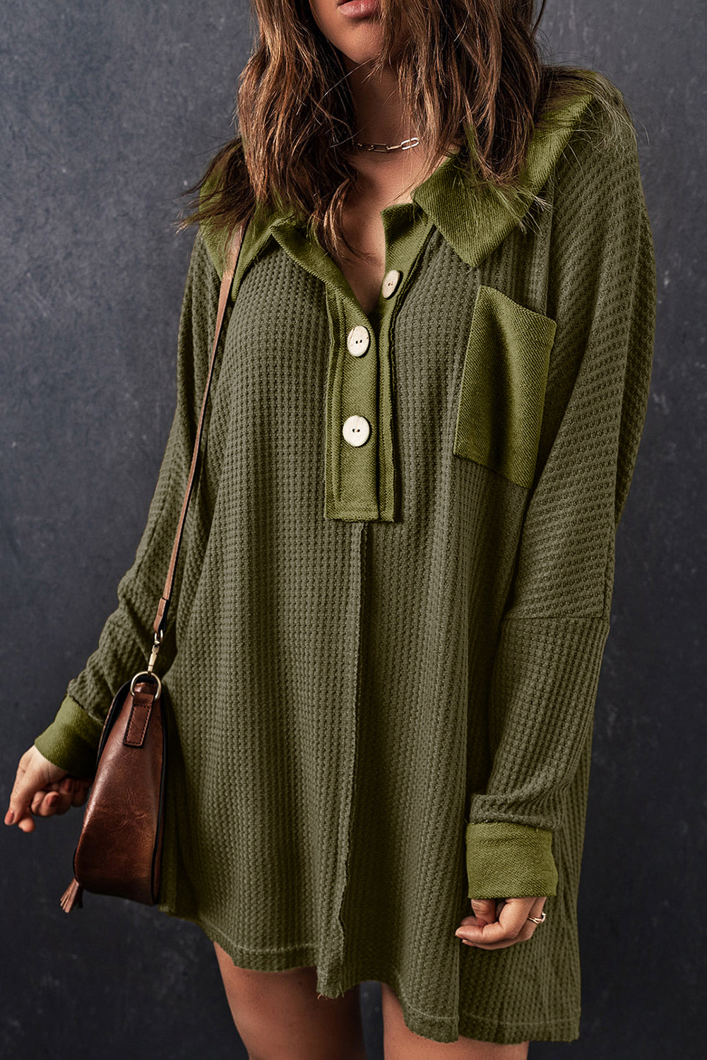 Black Waffle Knit Buttoned Long Sleeve Top