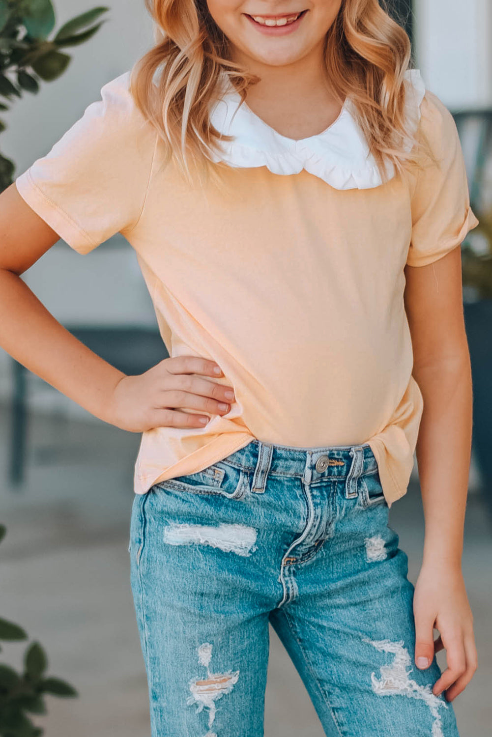 Orange Little Girl Peter Pan Collar Short Sleeve Top