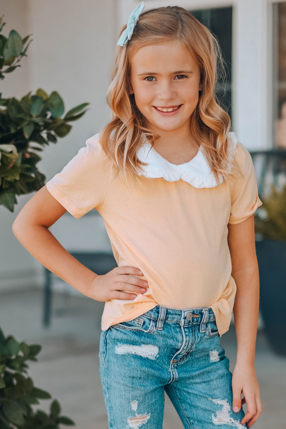 Orange Little Girl Peter Pan Collar Short Sleeve Top