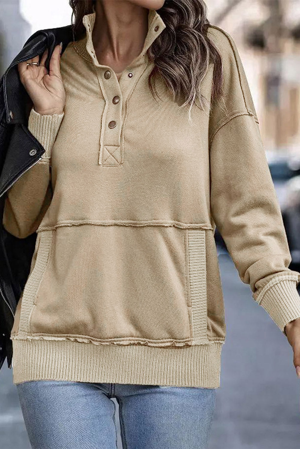 Gray Ribbed Hem Snap Button Neckline Sweatshirt with Pocket