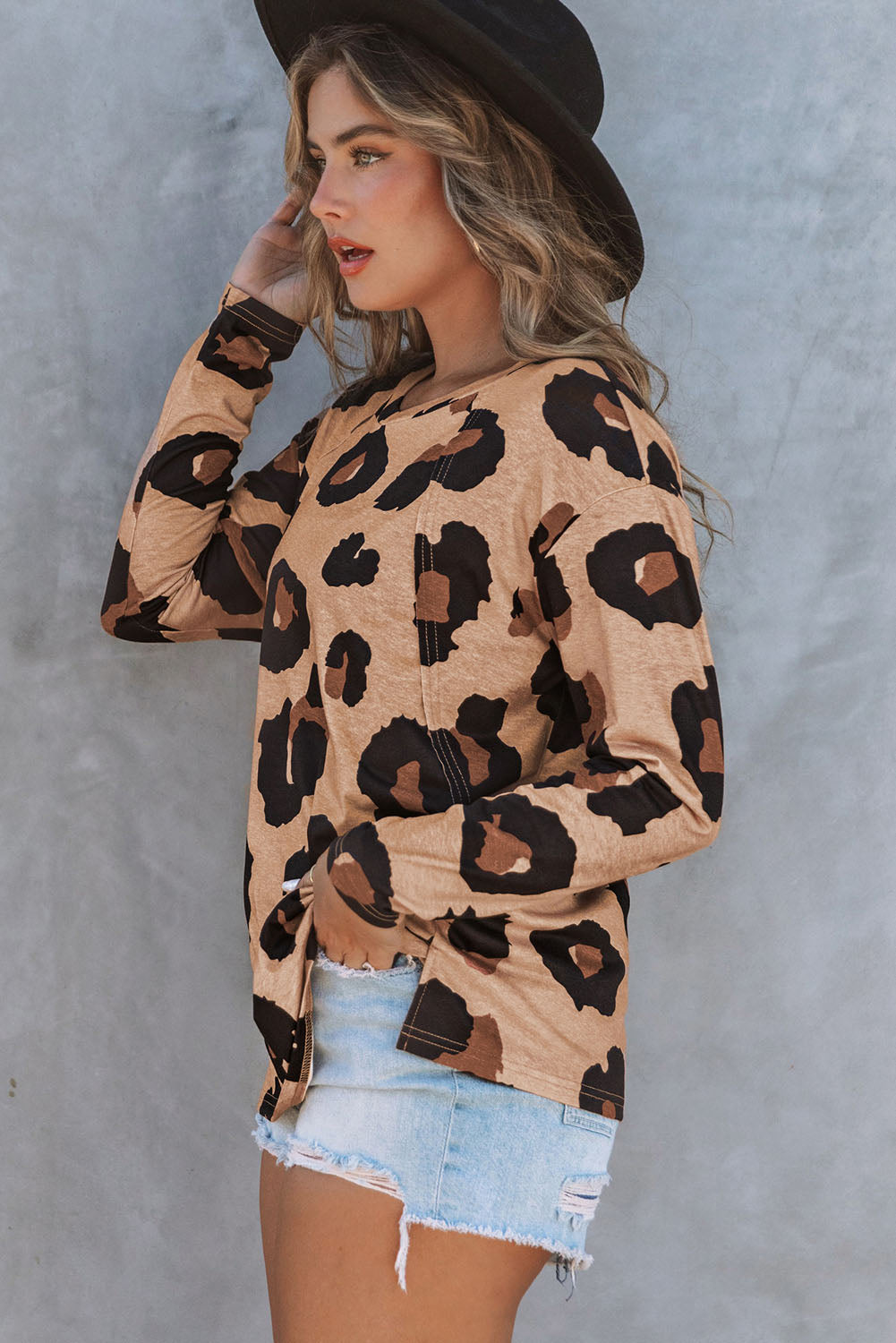 Gray Leopard Print Long Sleeve Loose Top