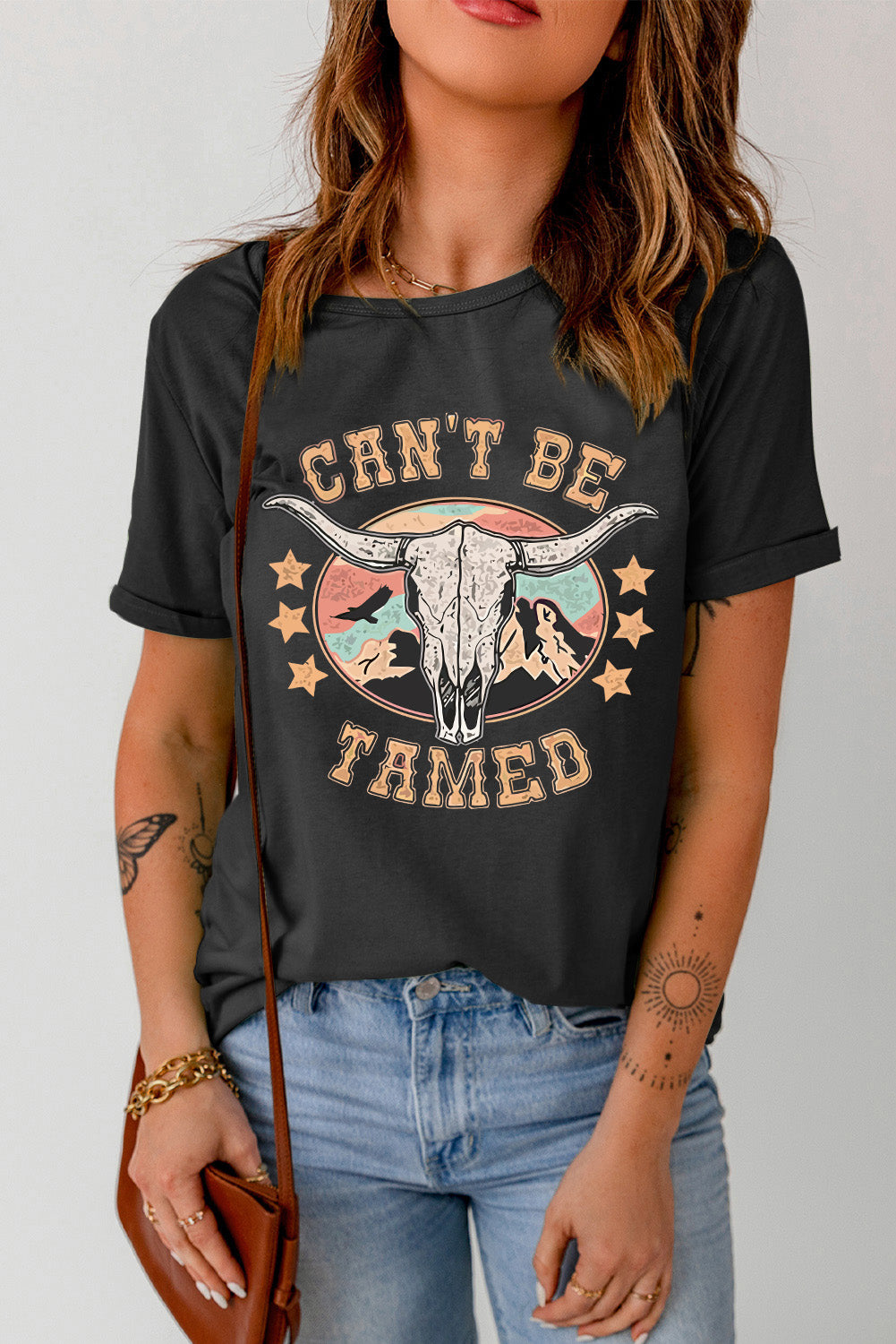 CAN'T BE TAMED Skull Western Graphic T Shirt