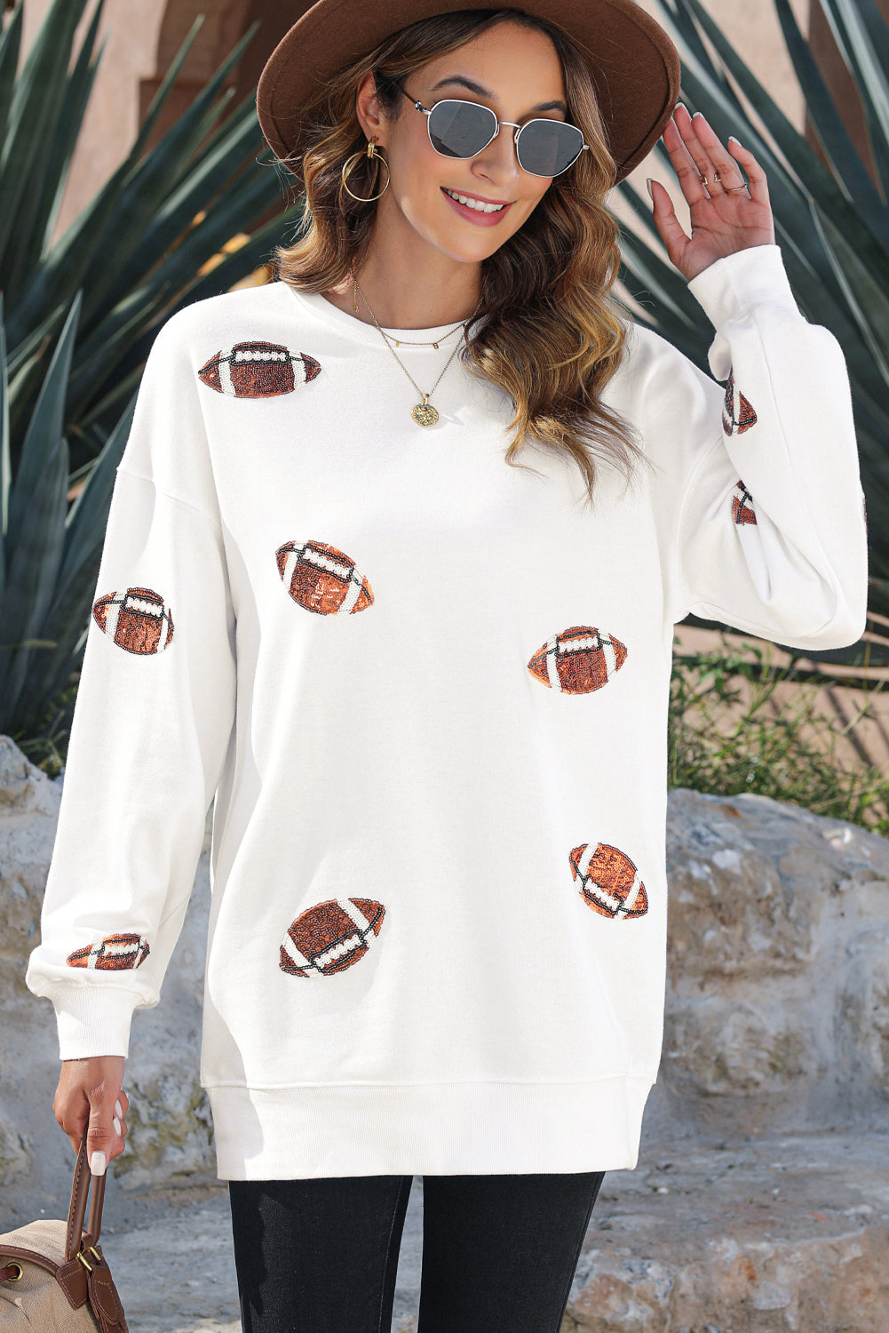 Black Sequin Rugby Graphic Pullover Sweatshirt