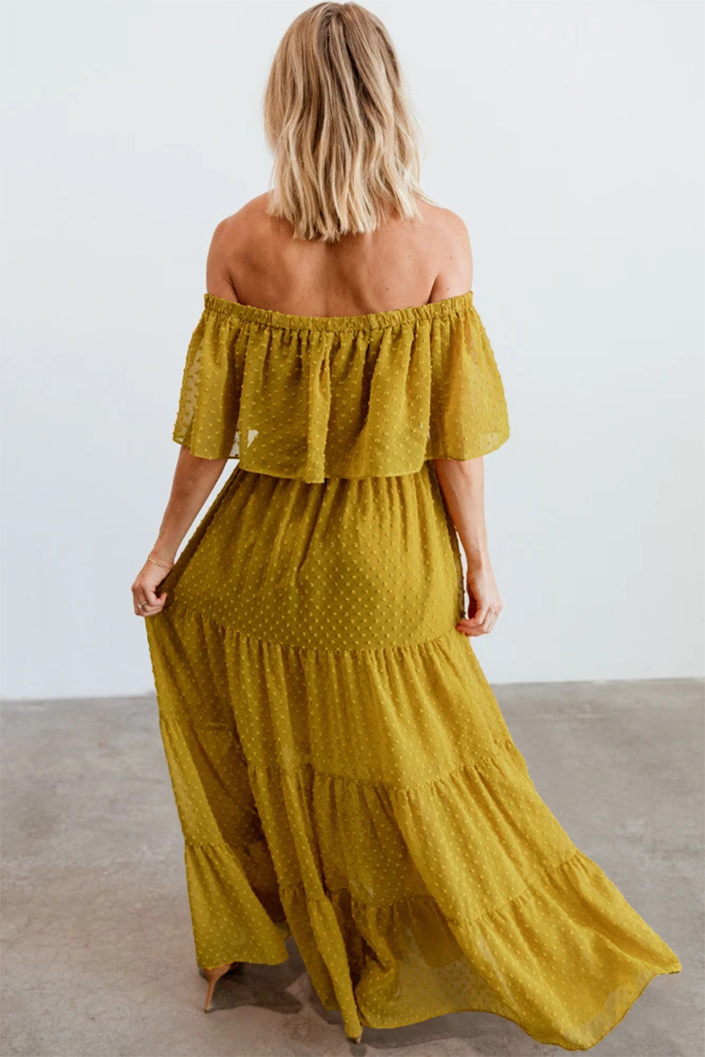 Sky Blue Yellow Yellow Off Shoulder Ruffle Swiss Dot Maxi Dress