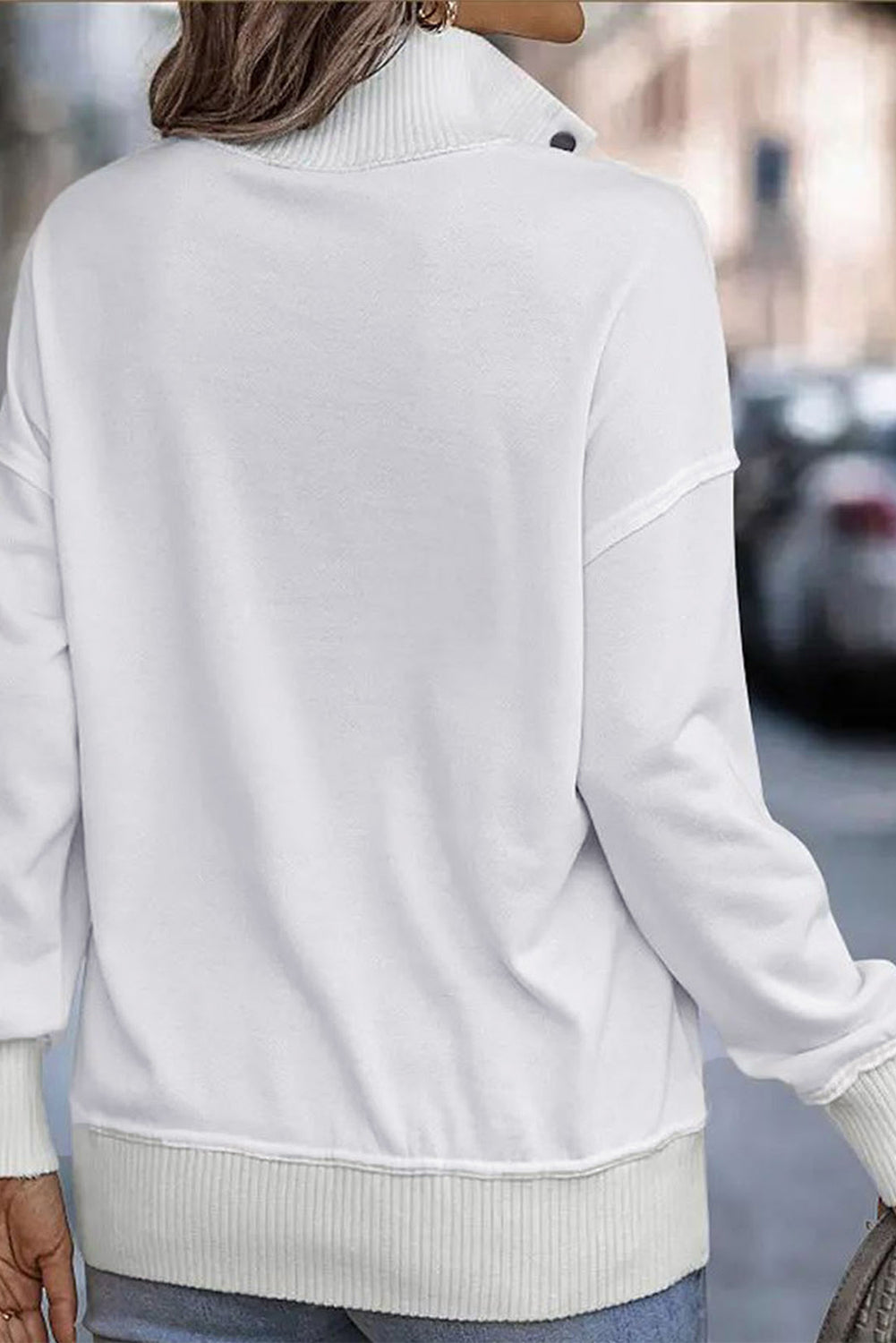 Gray Ribbed Hem Snap Button Neckline Sweatshirt with Pocket