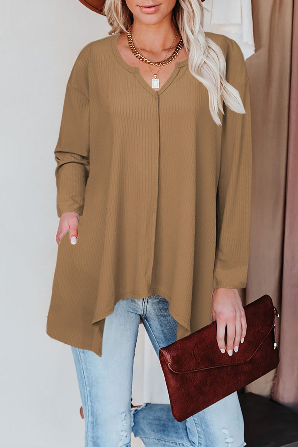 Brown Asymmetric Hemline Long Sleeve Top