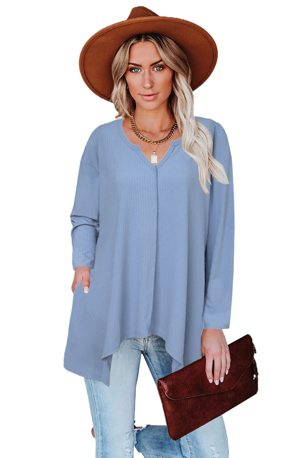 Brown Asymmetric Hemline Long Sleeve Top