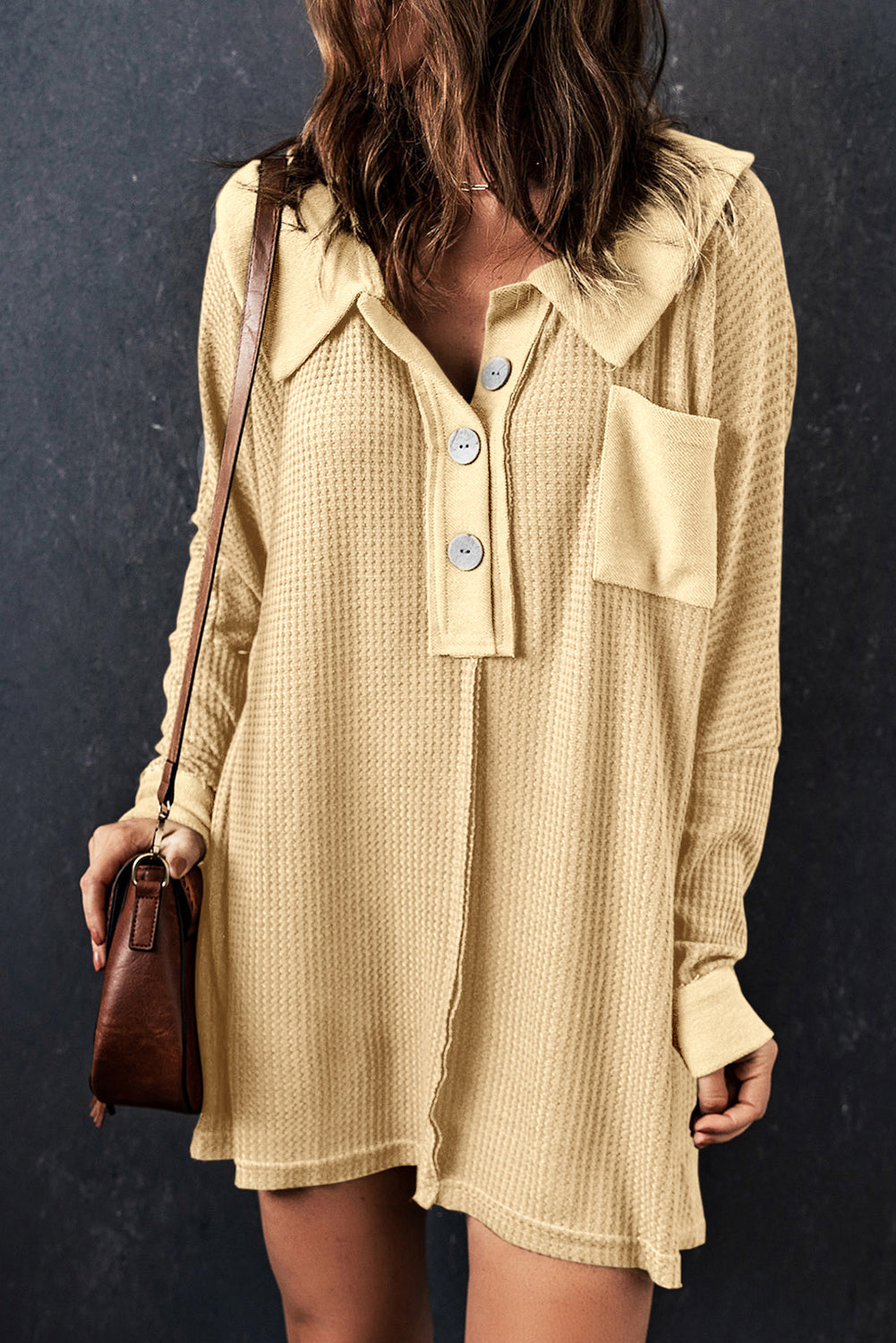 Black Waffle Knit Buttoned Long Sleeve Top