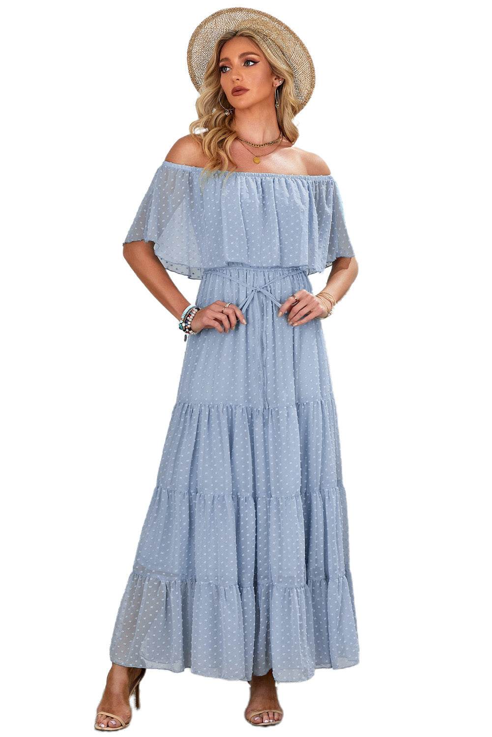 Sky Blue Yellow Yellow Off Shoulder Ruffle Swiss Dot Maxi Dress