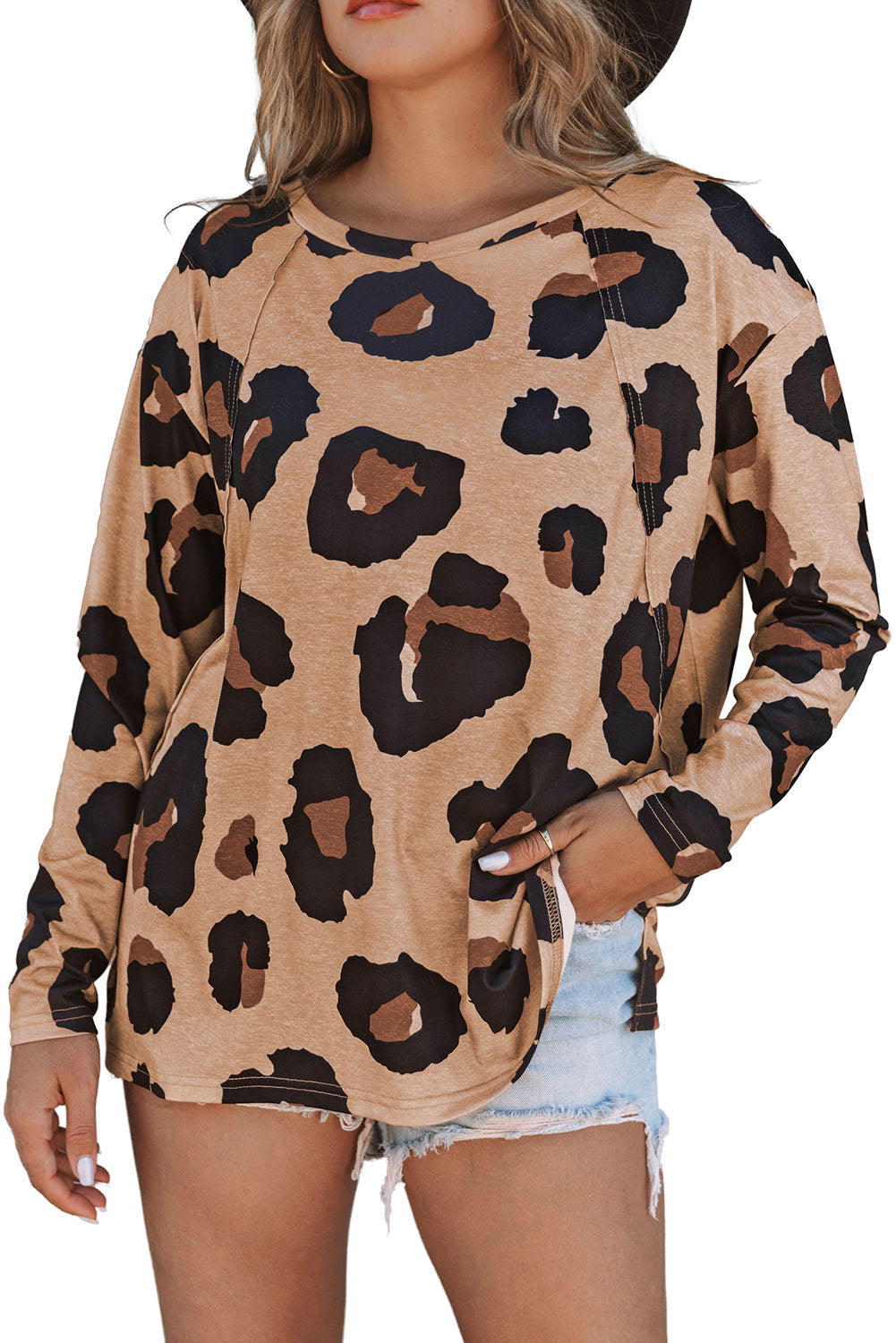 Gray Leopard Print Long Sleeve Loose Top