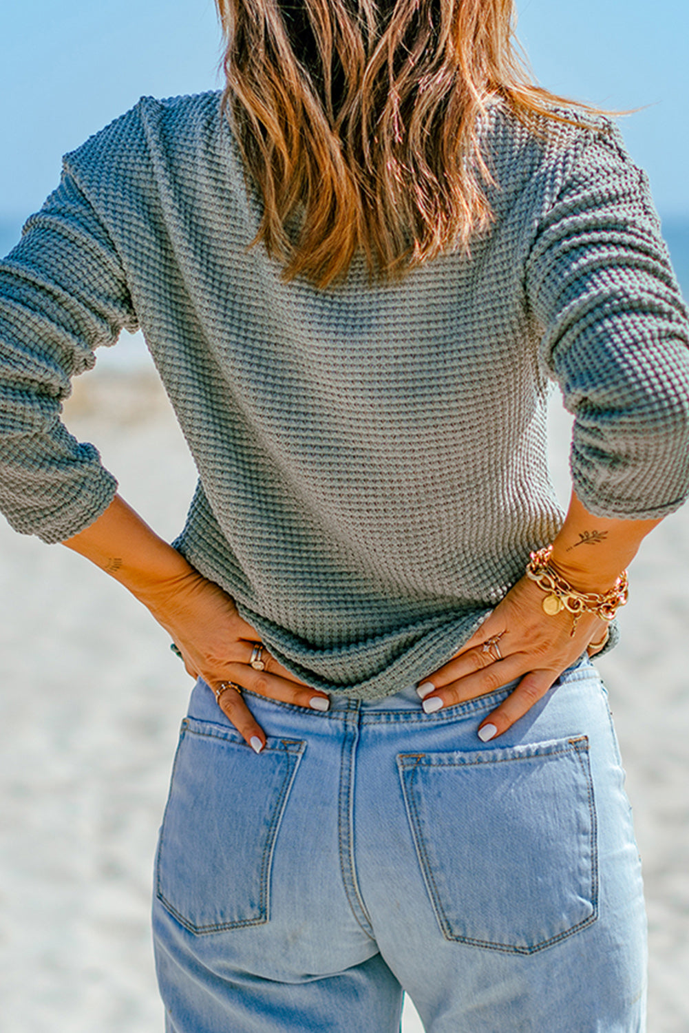 Khaki Waffle Knit Drop Shoulder Long Sleeve Top