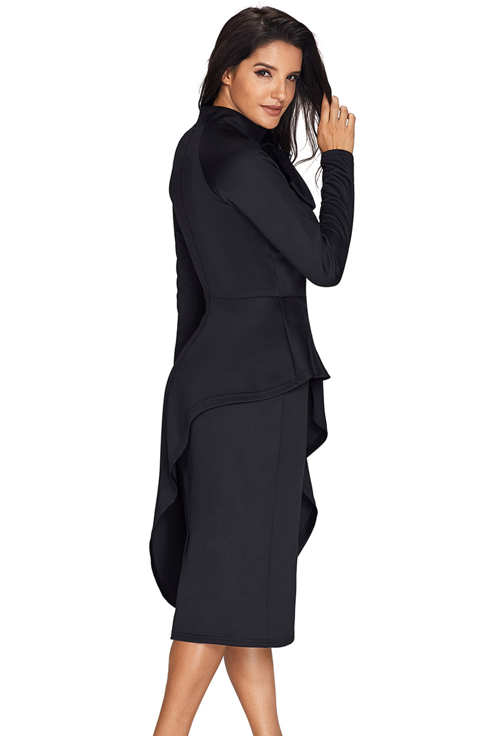 Black Asymmetric Peplum Style Pussy Bow Dress