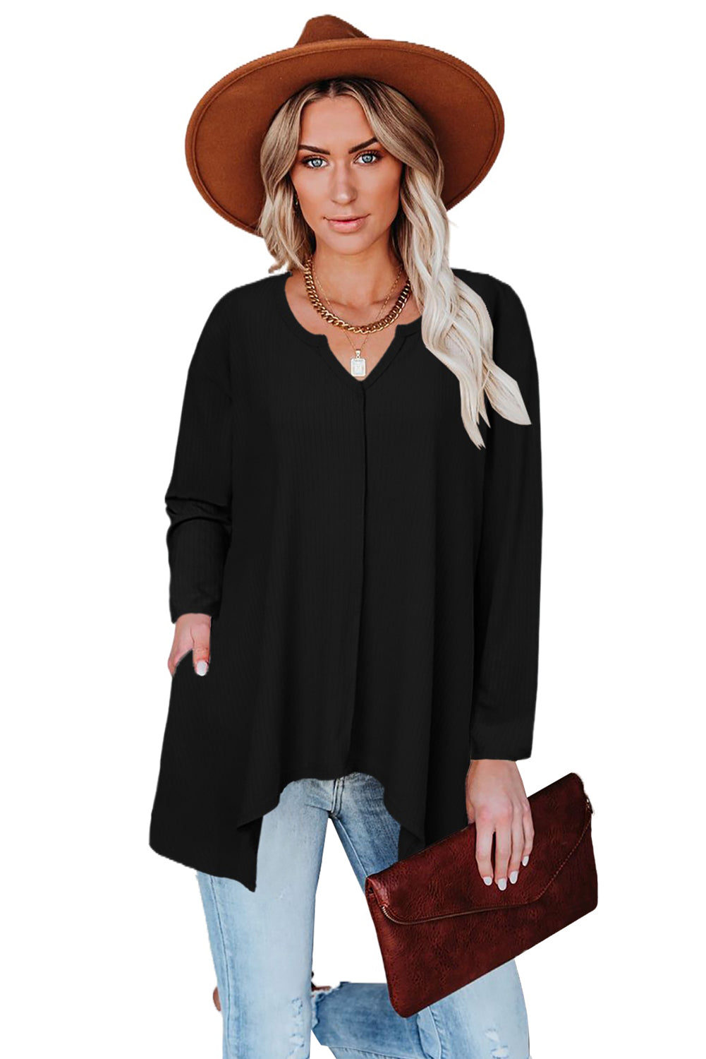 Brown Asymmetric Hemline Long Sleeve Top