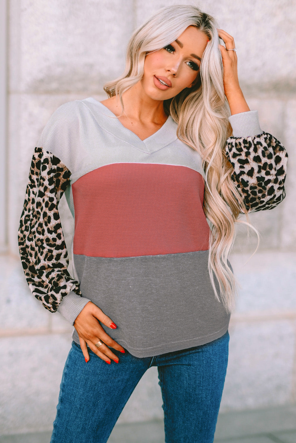 Apricot Wild Leopard Contrast Sleeve Colorblock Waffle Knit Top