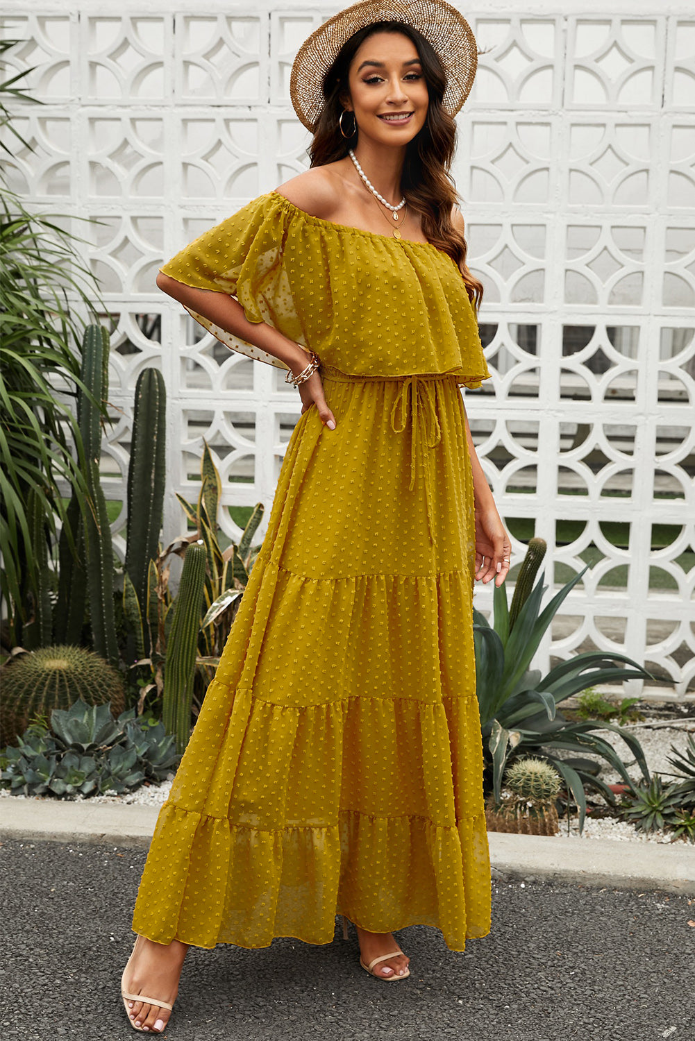 Sky Blue Yellow Yellow Off Shoulder Ruffle Swiss Dot Maxi Dress