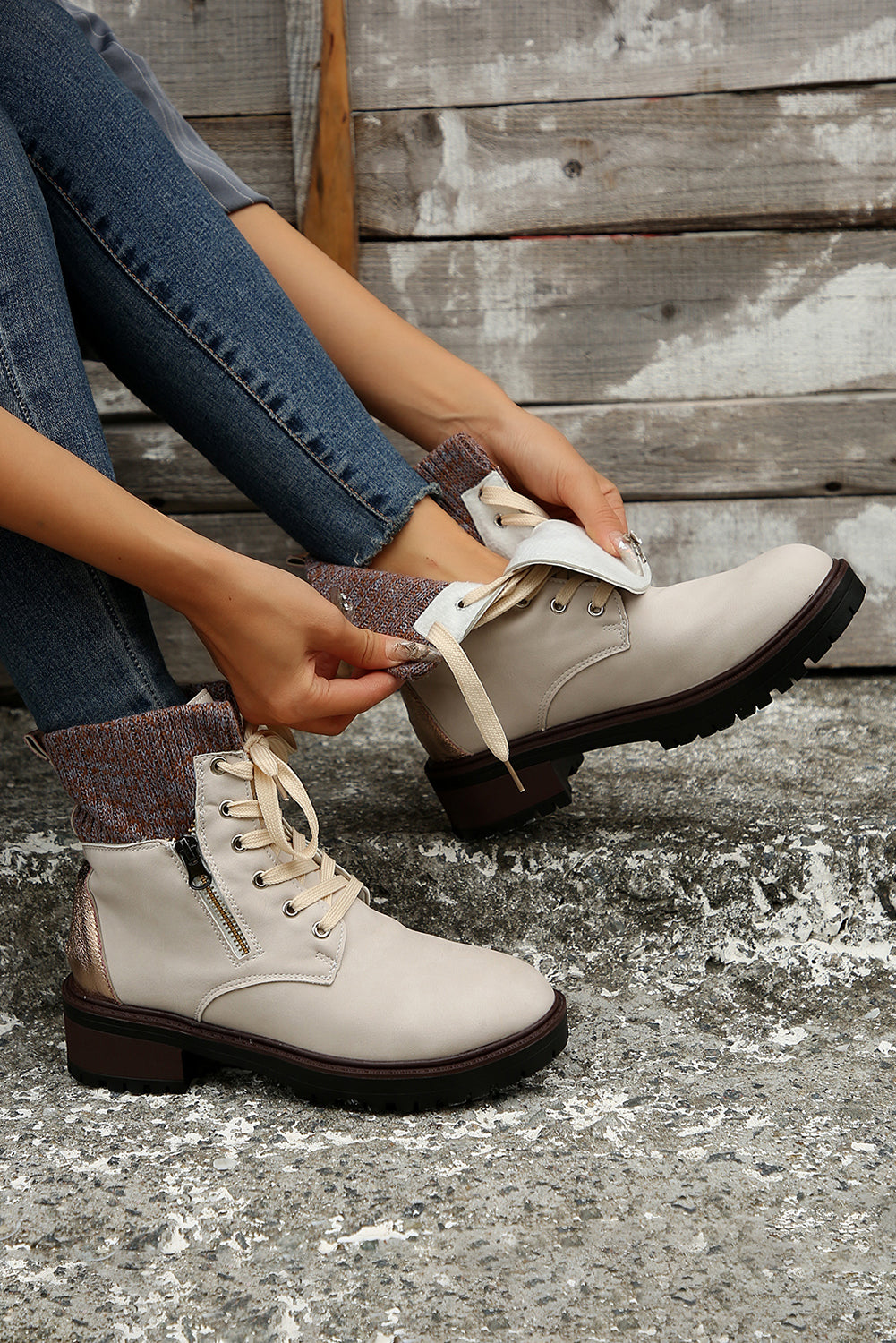 Black Knitted Patched Lace-up Heeled Ankle Boots