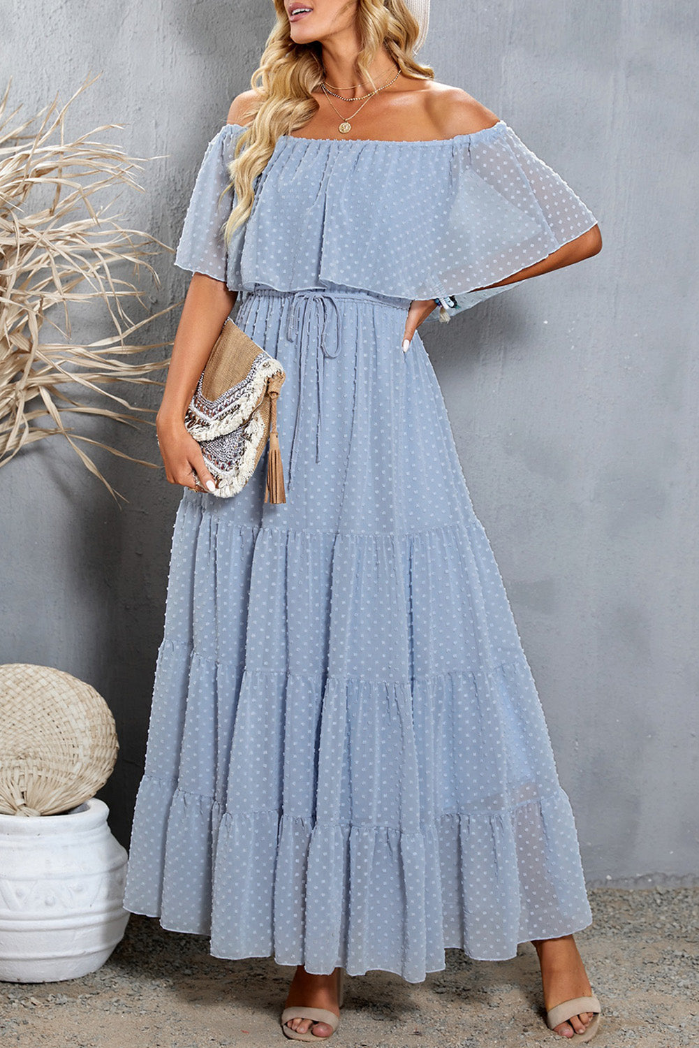 Sky Blue Yellow Yellow Off Shoulder Ruffle Swiss Dot Maxi Dress
