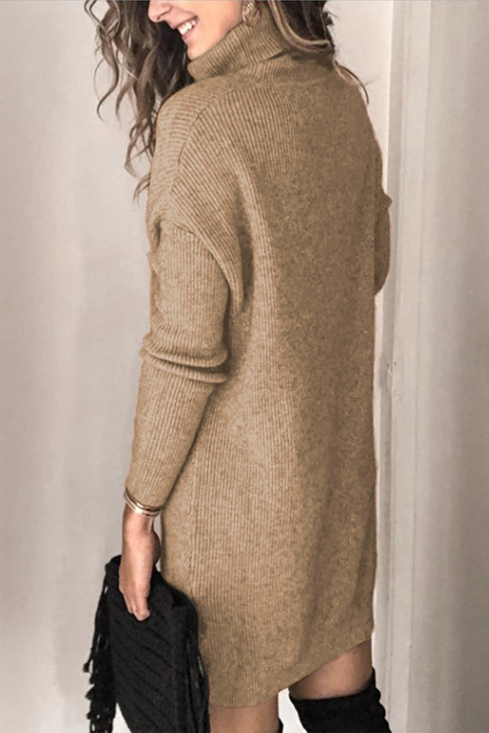 Brown Turtleneck Long Sleeve Knitted Sweater Dress