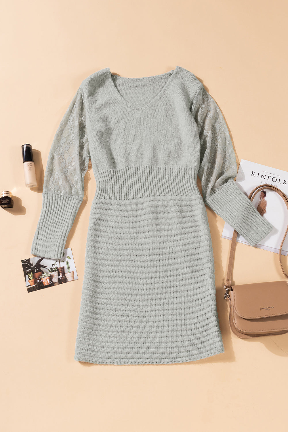 Black Lace Sleeve Patchwork Sweater Dress