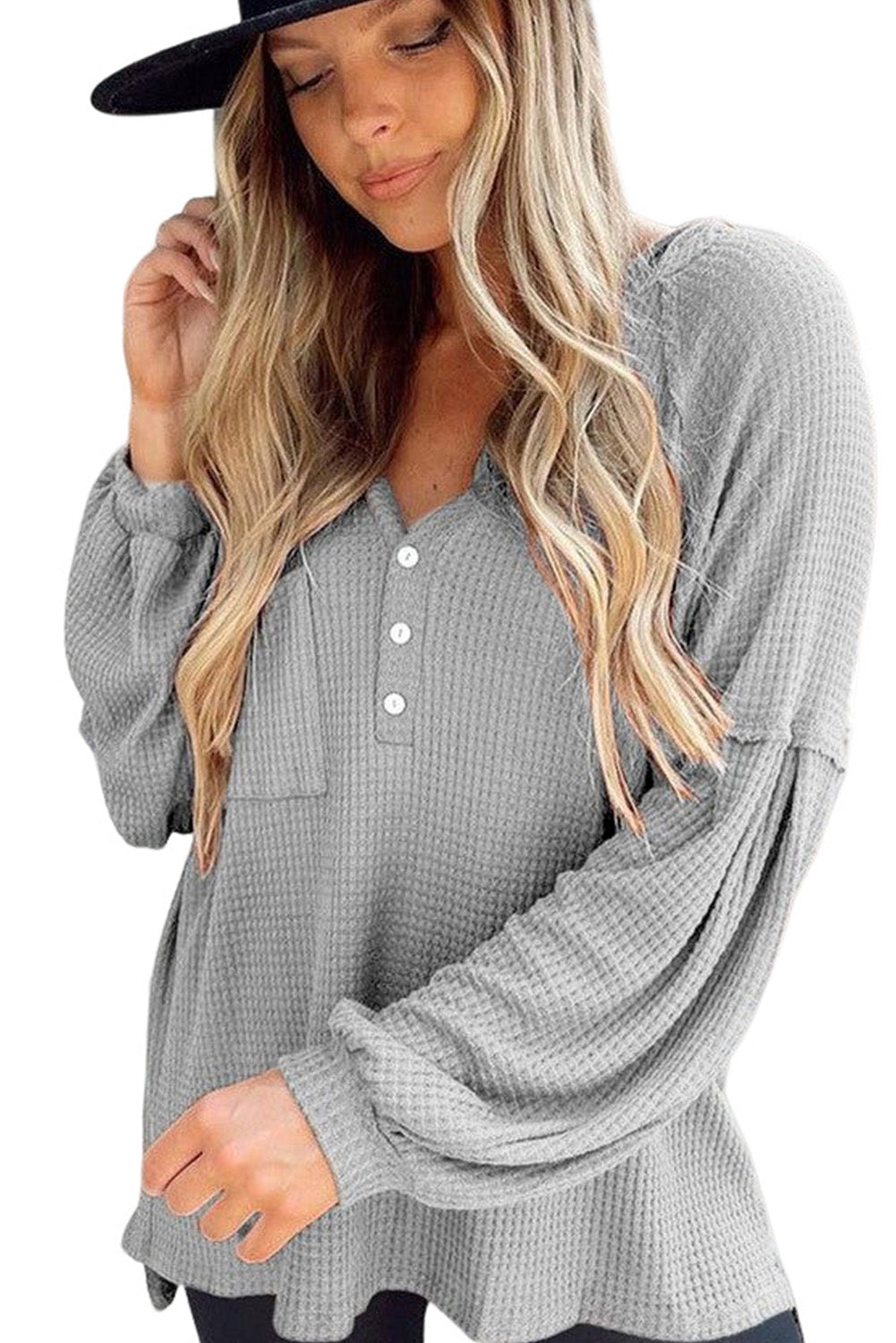 Gray Buttoned V Neck Drop Shoulder Waffle Knit Top
