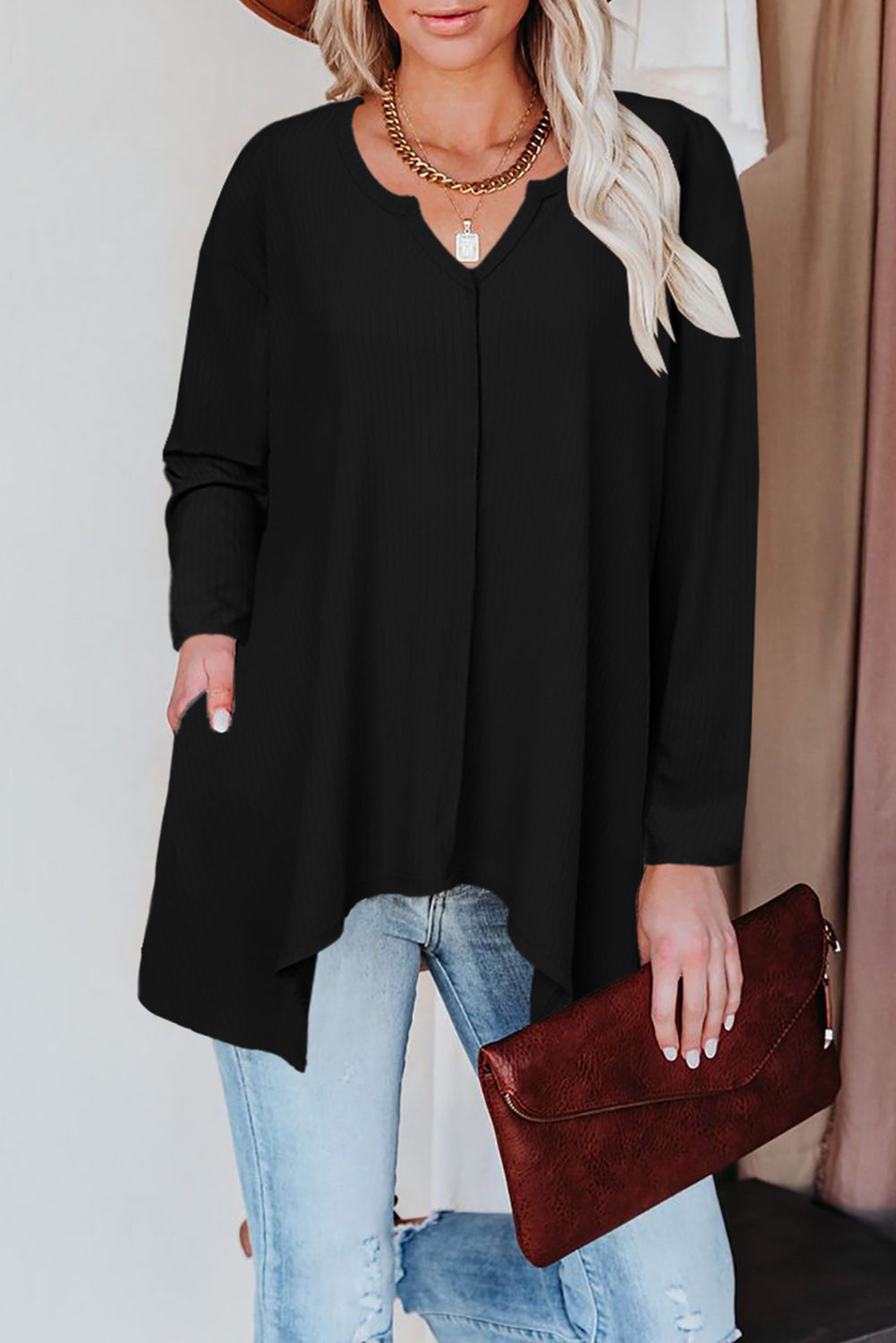 Brown Asymmetric Hemline Long Sleeve Top